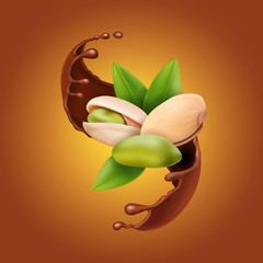 Pistachio realistic nuts in chocolate splash. 3d vector
