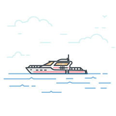 Modern yacht in the sea. Trendy line vector illustration. Big boat on water. Oceanic ship traveling concept. Water transport.