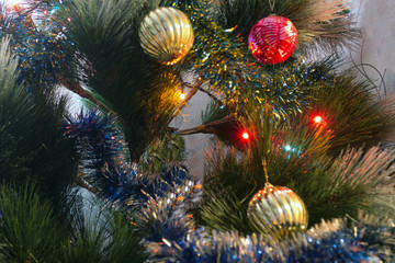 Obraz na płótnie Canvas Decorated and illuminated Christmas tree. Christmas and New Year Decoration. Holiday concept, winter season