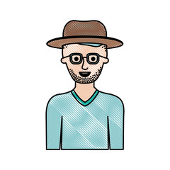 man half body with hat and glasses and sweater with short hair and stubble beard in colored crayon silhouette