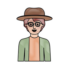 man half body with hat and glasses and shirt with jacket with short wavy hair in colored crayon silhouette