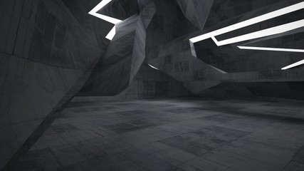 Abstract  concrete interior multilevel public space with neon lighting. 3D illustration and rendering.