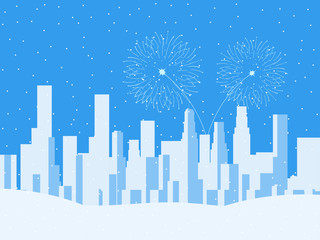 Winter cityscape, urban city with skyscrapers. Falling snow. Festive fireworks for the new year. Vector illustration
