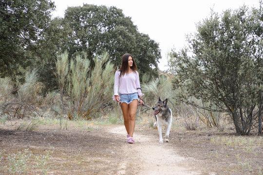 chica y perro. modelo paseando un perro. girl and dog