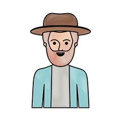 man half body with hat and jacket with short hair and beard in colored crayon silhouette