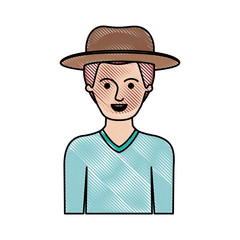 man half body with hat and sweater with short hair in colored crayon silhouette
