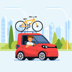 Modern car with bicycle mounted on the roof rack. Flat style vector illustration