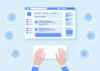 Man sitting at the table and working with laptop in social networks