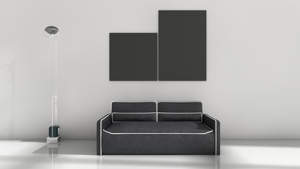 3D illustration of interior design of living room with a sofa, lamp and two black frames