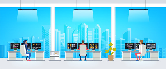 Office interior. workers sitting at desks and work on the computer. Vector illustration 