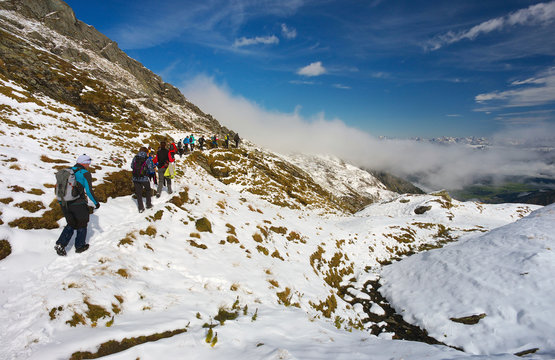 Group of tourists nearby ski resort Kaprun, Austria