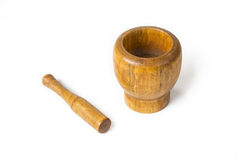 Wood mortar with pestle on the white background