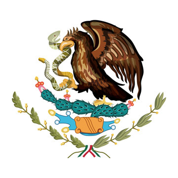 mexican flag emblem of colorful silhouette of eagle with rattlesnake in peak over plant of cactus