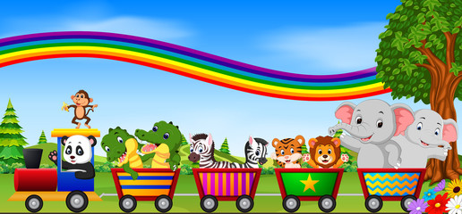 Obraz na płótnie Canvas wild animals on the train with rainbow illustration