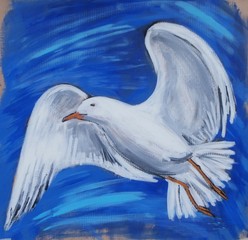 Acrylic painting - A seagull flying in a blue sky