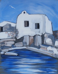 A small white house near the sea in Cyclades - Greece - acrylic original painting