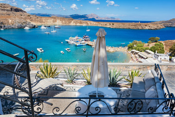 View of bay from streets of Lindos village (Rhodes, Greece)