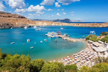 View of sandy beach in Bay of Lindos (Rhodes, Greece)