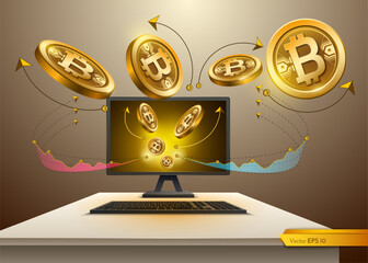 Digital Vector Bitcoin spread from Computer. Detailed cryptocurrency illustration with chart diagram graphic illustration