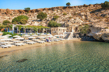 View of sandy beach in Bay of Lindos (Rhodes, Greece)