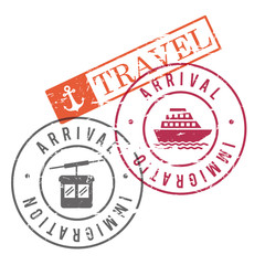 arrival immigration travel stamps of cableway and ship in colorful silhouette