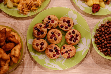 on the table stands pea patties, keks and other meals