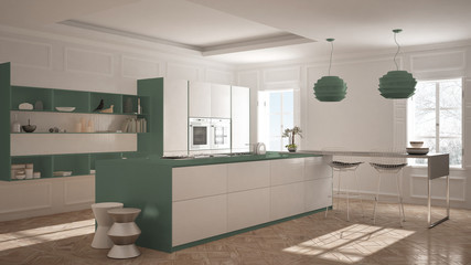 Modern kitchen furniture in classic room, old parquet, minimalist architecture, white and green interior design