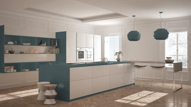 Modern kitchen furniture in classic room, old parquet, minimalist architecture, white and blue interior design