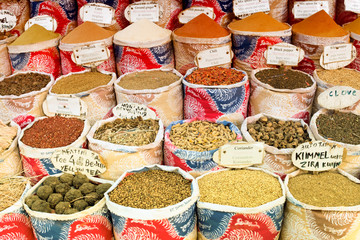 Variety of spices and herbs on the market