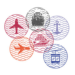 ship and airplane and cableway travel circular stamps in colorful silhouette
