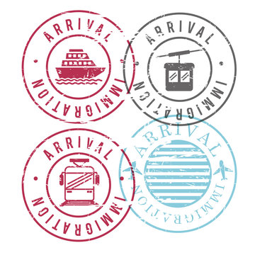 immigration arrival circular stamps of ship and cableway and train and airplane in colorful silhouette