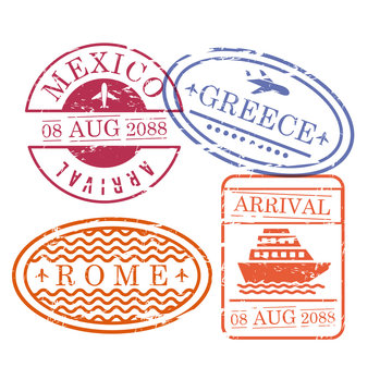 ship and airplane travel stamps in oval and circular and rectangular shape of mexico greece and rome in colorful silhouette