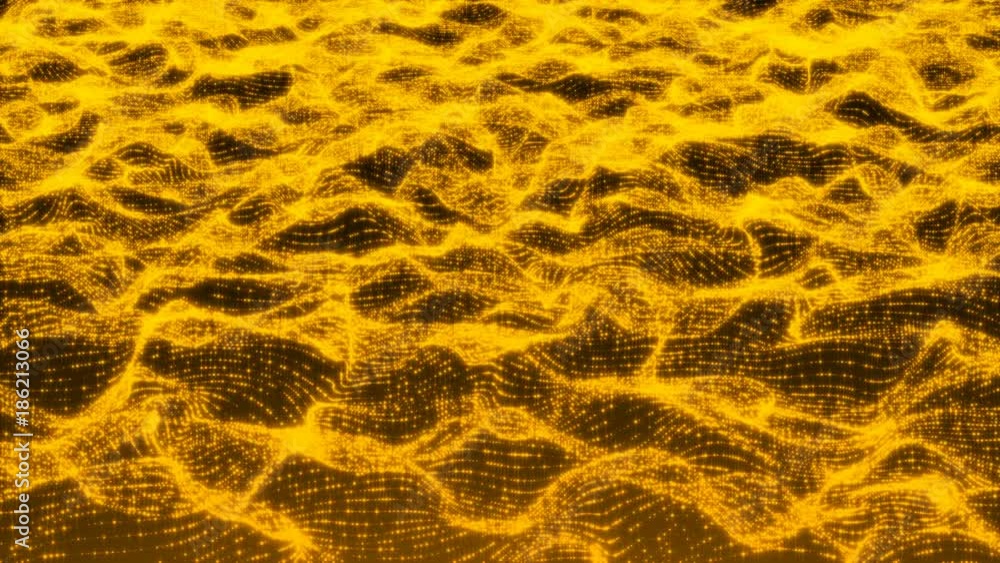 Poster luxurious gold sparkling particles wave background. seamless loop