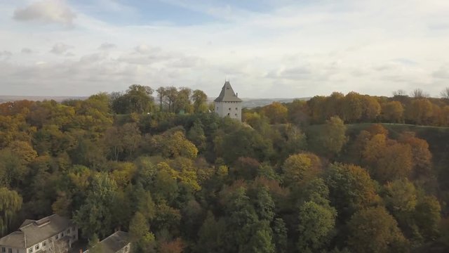 Aerial view to ancient castle in Galych at sunny day, Ivano-Frankivsk region, Ukraine