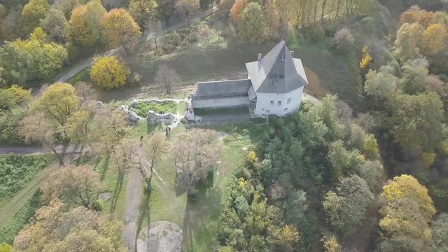 Aerial view to ancient castle in Galych at sunny day, Ivano-Frankivsk region, Ukraine