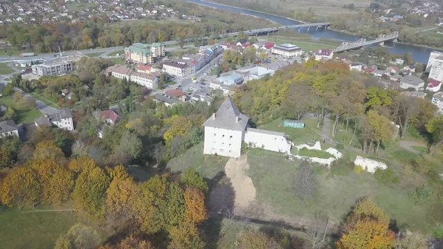 Aerial view to ancient castle in Galych at sunny day, Ivano-Frankivsk region, Ukraine