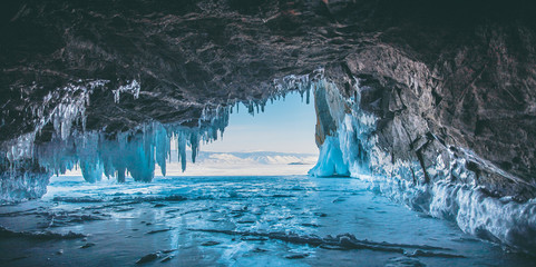 Ice cave, Lake Baikal, Winter landscape.