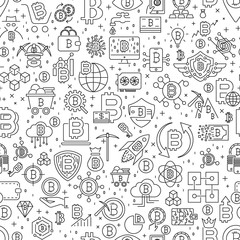 Bitcoin Seamless Pattern. Vector Illustration of Outline Tile Background. Cryptocurrency Financial Items.