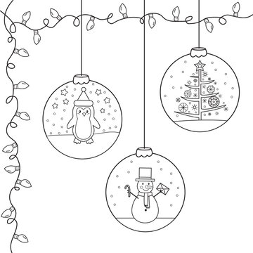 Coloring page,book for children. Christmas and New Year decorate for Christmas tree. Hand drawn. Vector illustration.