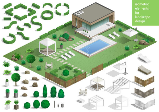 Constructor for the surrounding area. Set of landscape elements stones and plants for the design of the garden or the park. Vector graphics. Architectural isometrics