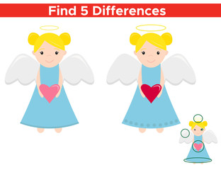 Find five differences. Vector illustration Christmas angel. Funny educational game for children.