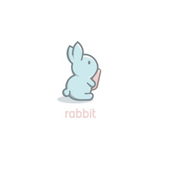 Isolated cartoon cute blue rabbit baby with orange carrot logo on white background. Happy Easter Day.