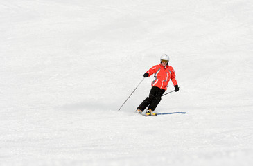 Fototapeta na wymiar Skier on the mountain slope in Dolomites, Italy, Europe.