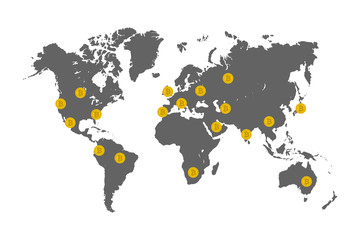Bitcoin coins on world map