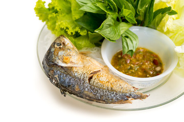 Fried mackarel with shrimp-paste sauce, the famous Thai style foods isolated on white background