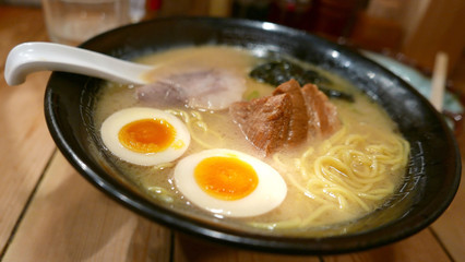 Japanese food ramen noodles with meat and egg