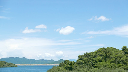 Fototapeta na wymiar Mountains, blue sky and lake in Hong Kong