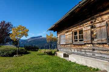 Fototapeta na wymiar Romantic wooden mountain hut in Kleinwalsertal valley near Ifen, Austria