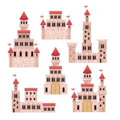 set of pink castles of fairy tales in white background