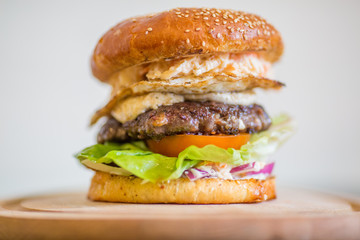 close up of tasty egg burger